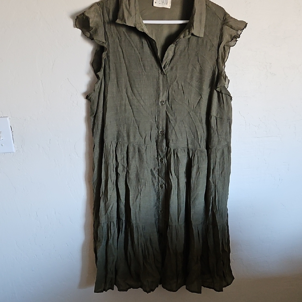 Just Found Olive Button-Up Ruffled Midi Dress